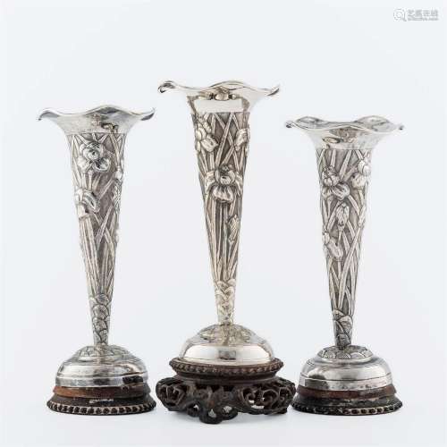 Three Chinese export silver vases,