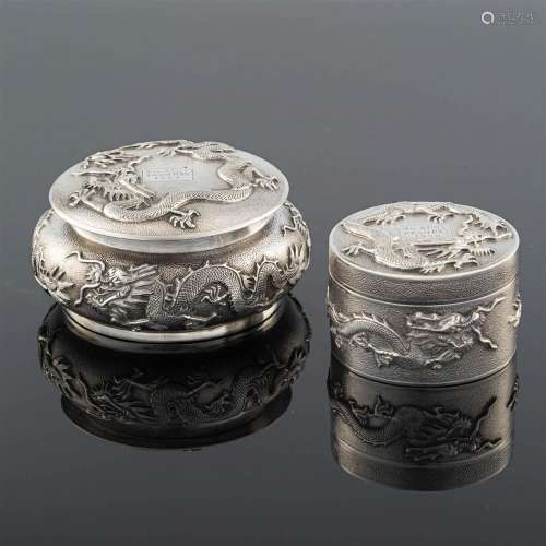 Two Chinese export silver circular boxes,
