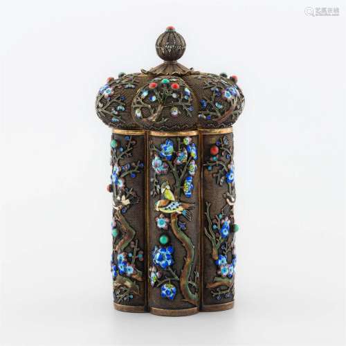 A Chinese parcel-gilt silver and enamel tea caddy,