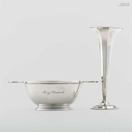 An American sterling silver bowl and weighted bud vase