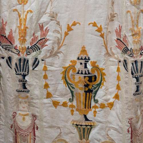 Set of Four Early Italian Chain Stitched Embroidered Curtain...