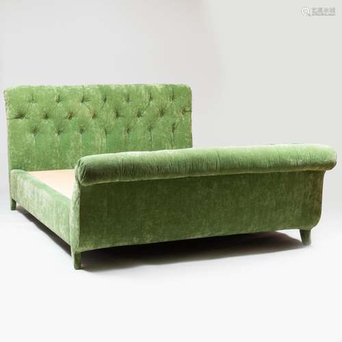 Custom Green Cotton Linen Velvet Tufted Upholstered Bed, Des...