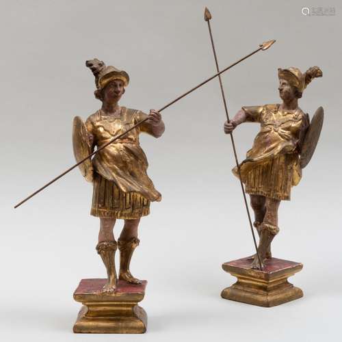 Pair of Continental Painted and Parcel-Gilt Roman Foot Soldi...