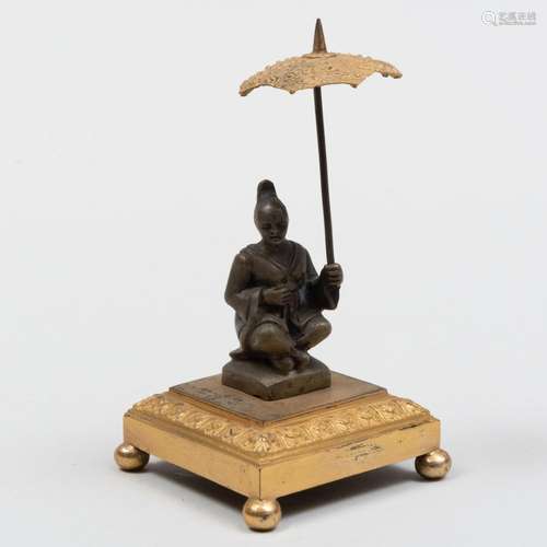 Chinoiserie Ormolu-Mounted Patinated Bronze Seated Figure of...