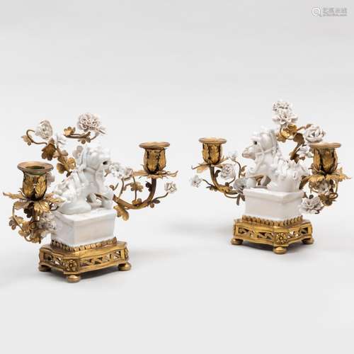 Pair of White Glazed Porcelain and Ormolu-Mounted Two-Light ...