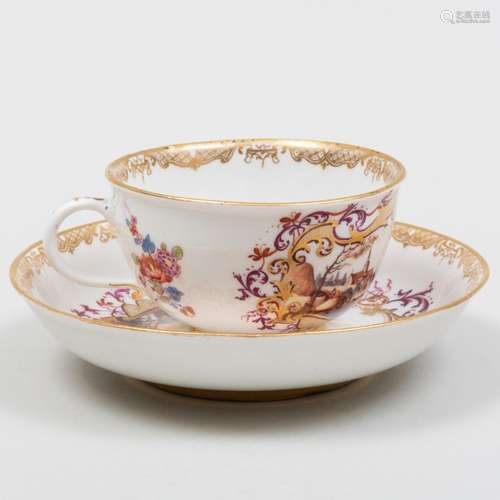 Meissen Porcelain Cup and Saucer Decorated with a Harbor Sce...