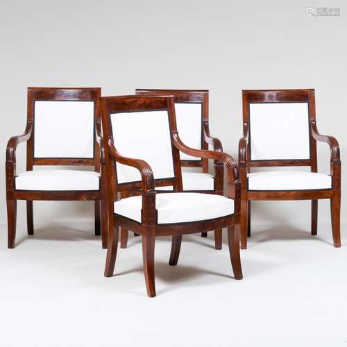 Set of Four Empire Style Carved Mahogany Fauteuils à la Rein...