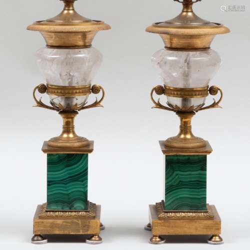 Pair of Continental Gilt-Metal Mounted Malachite and Rock Cr...