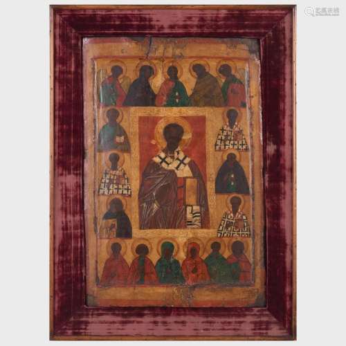 Russian Icon of Saint Nicholas with Deisis Martyrs and Selec...