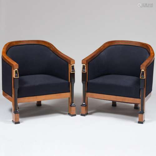 Pair of Biedermeier Style Cherry, Ebonized and Parcel-Gilt T...