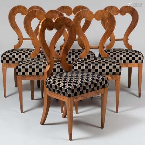 Set of Six Austrian Biedermeier Walnut Side Chairs with Lyre...