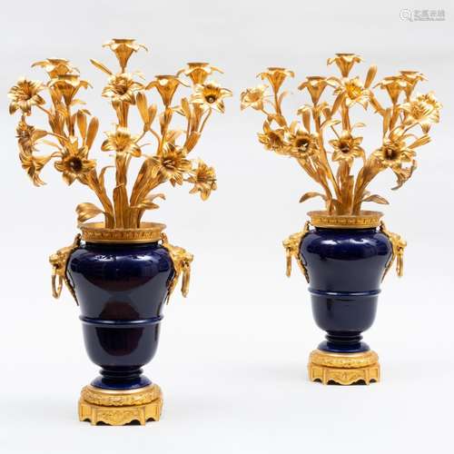 Pair of Napolean III Style Gilt-Bronze-Mounted Cobalt Porcel...