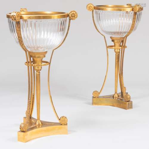 Pair of Large Louis XVI Style Gilt-Bronze and Glass Jardiniè...