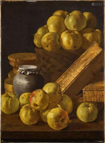 Still life of apples in a basket and upon a table, together ...