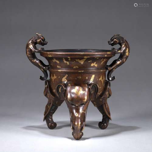 A gold spotted copper censer with chi dragon shaped ears