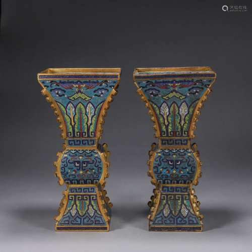 A pair of banana leaf patterned cloisonne zun