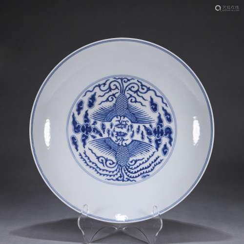 A blue and white phoenix bird porcelain plate