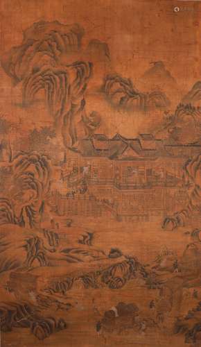A Chinese landscape and figure silk scroll painting, Unknown...