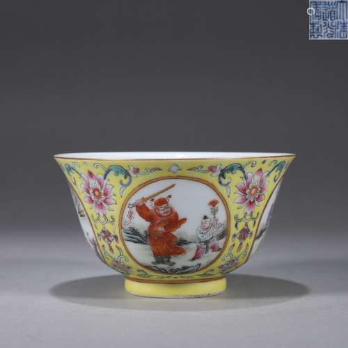 A yellow ground famille rose flower and figure porcelain bow...