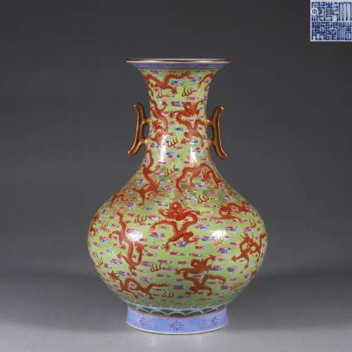 A famille rose porcelain double-eared vase