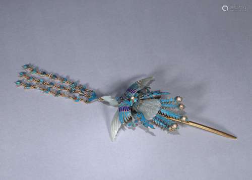 A gilding silver tian-tsui and jade-inlaid phoenix bird hair...