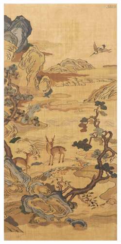 A crane and deer patterned k'o-ssu hanging screen, Qing dyna...