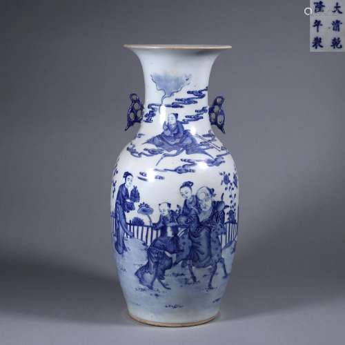A blue and white figure porcelain double-eared vase