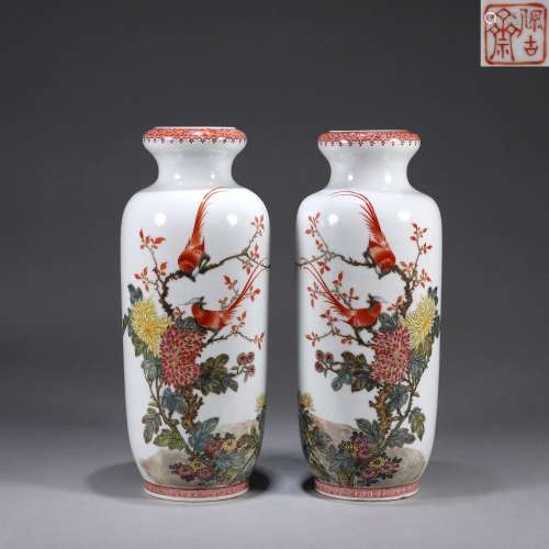 A pair of famille rose flower porcelain lantern shaped vases