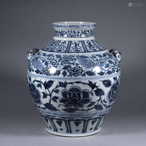 A blue and white phoenix bird and flower porcelain double-ea...