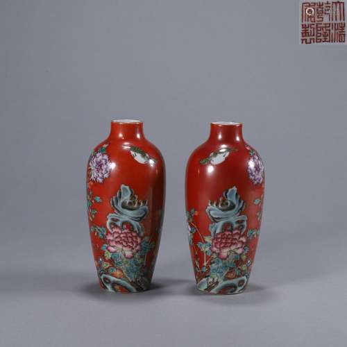 A pair of red glaze famille rose bird and flower porcelain v...
