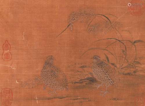 A Chinese quail silk scroll painting, Unknown mark