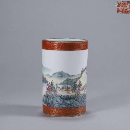 A multicolored landscape porcelain brush pot