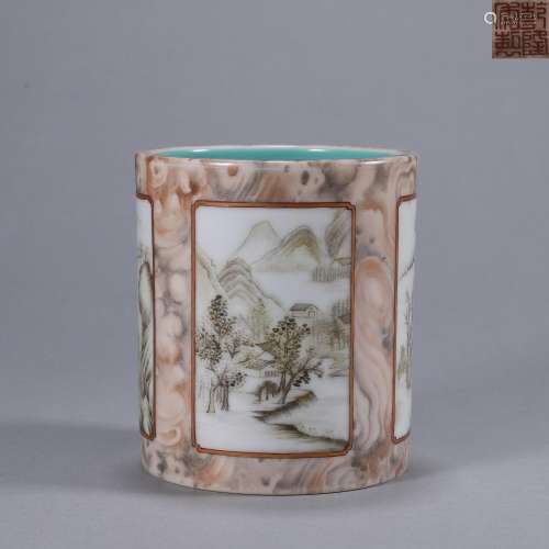 A landscape patterned glaze porcelain brush pot