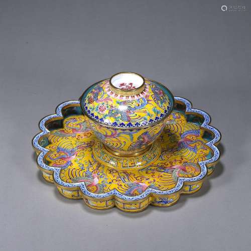 A phoenix bird patterned copper enamel covered bowl with flo...