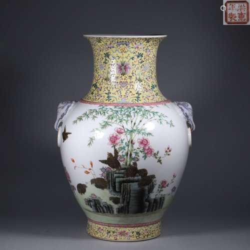 A yellow ground famille rose quail porcelain double-eared zu...