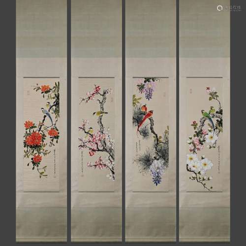 4 scrolls of Chinese bird-and-flower  painting, Tian Shiguan...