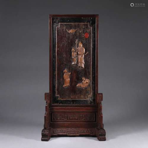 A boxwood figure-inlaid fragrant rosewood screen