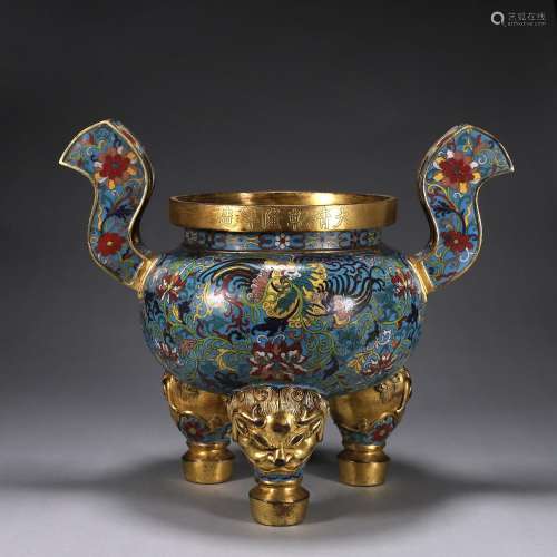 A phoenix bird and flower patterned double-eared cloisonne c...