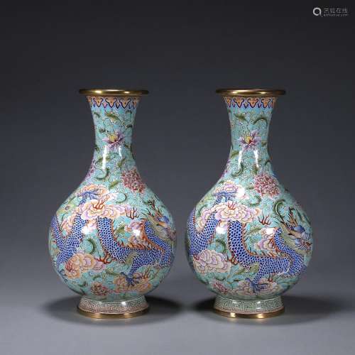 A pair of dragon and phoenix patterned copper enamel vases