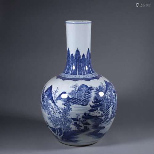A blue and white landscape porcelain tianqiuping