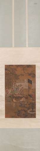 A Chinese figure silk scroll painting, Unknown mark