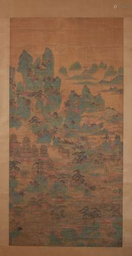 A Chinese landscape silk scroll painting, Unknown mark