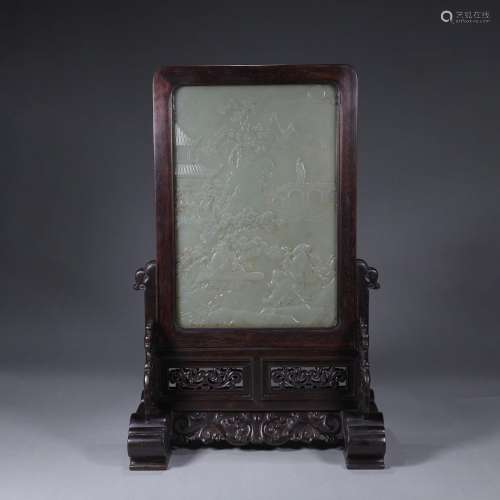 A figure patterned jade-inlaid rosewood screen