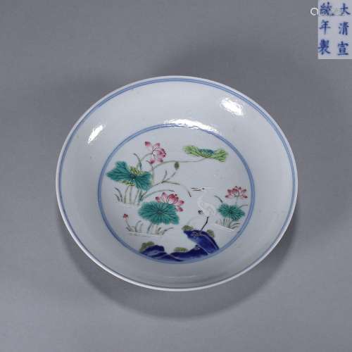 A famille rose lotus pond and egret porcelain plate