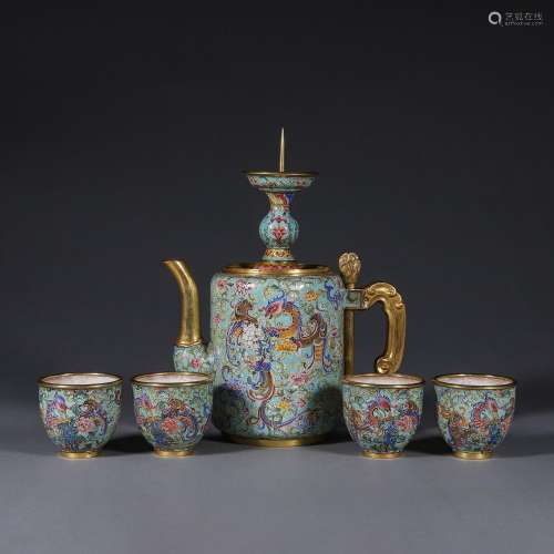 A group of phoenix bird patterned copper enamel tea sets