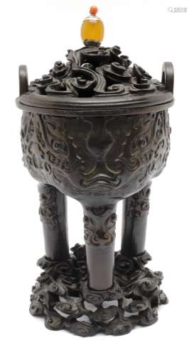 A ding (tripod censer) with wooden stand and cover