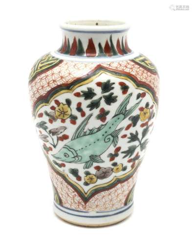 A Transitional porcelain wucai fish vase