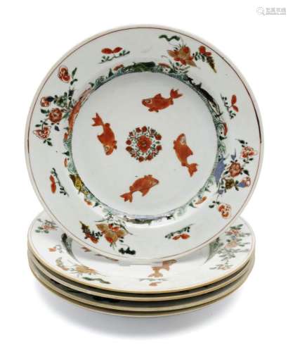 Five famille verte plates with fish design