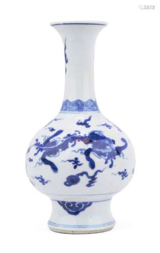 A blue and white dragon vase