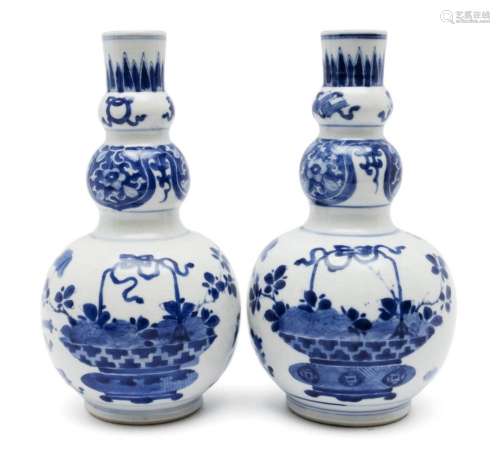 Two blue and white triple-gourd vases